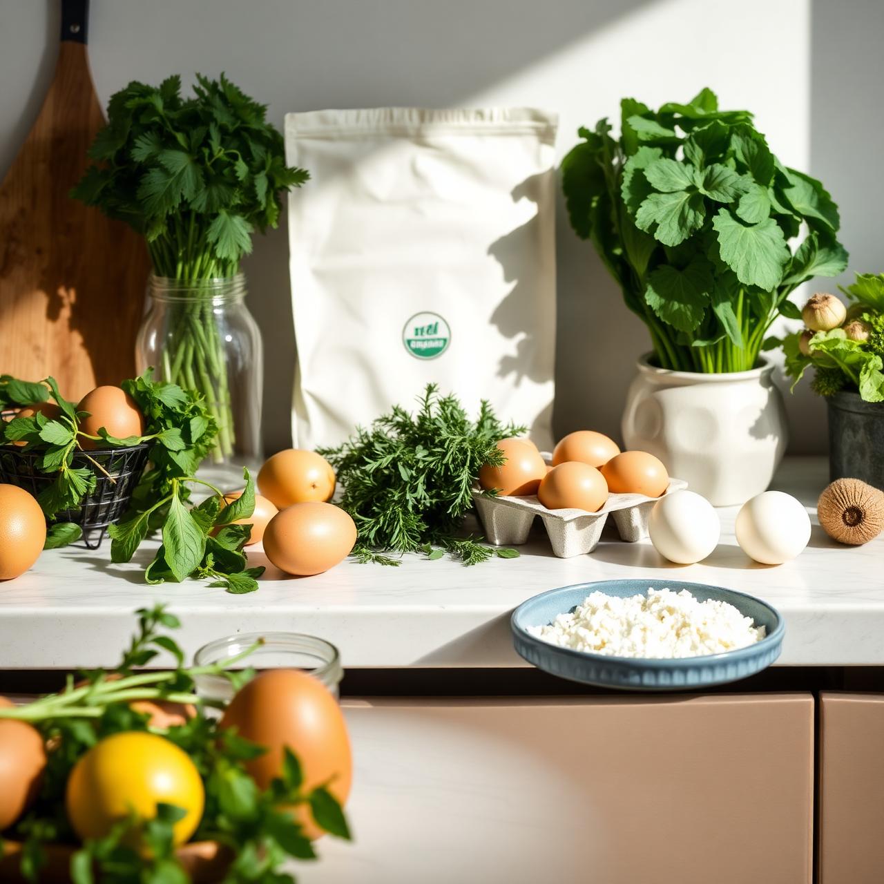 Organic produce, farm eggs and fresh herbs on the Milly Market prep counter