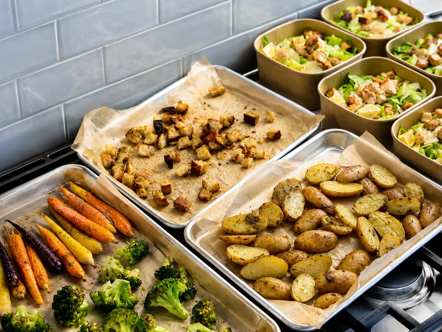 Roasted organic vegetables and Caesar salad portioned into meal prep containers