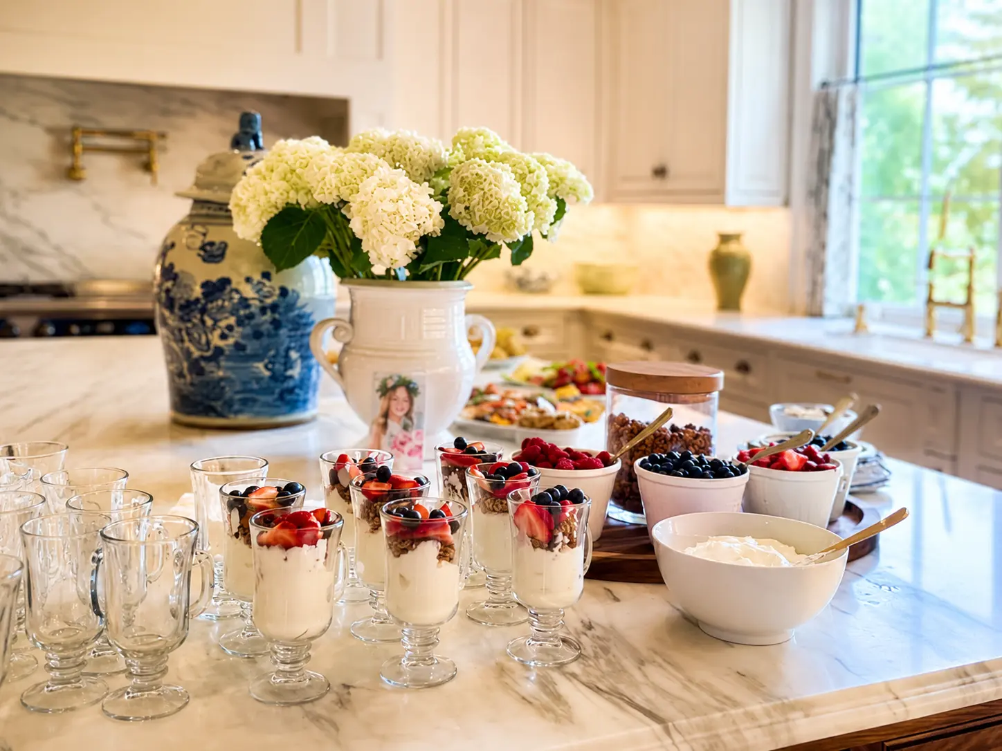 Yogurt parfait and granola breakfast spread prepared for delivery