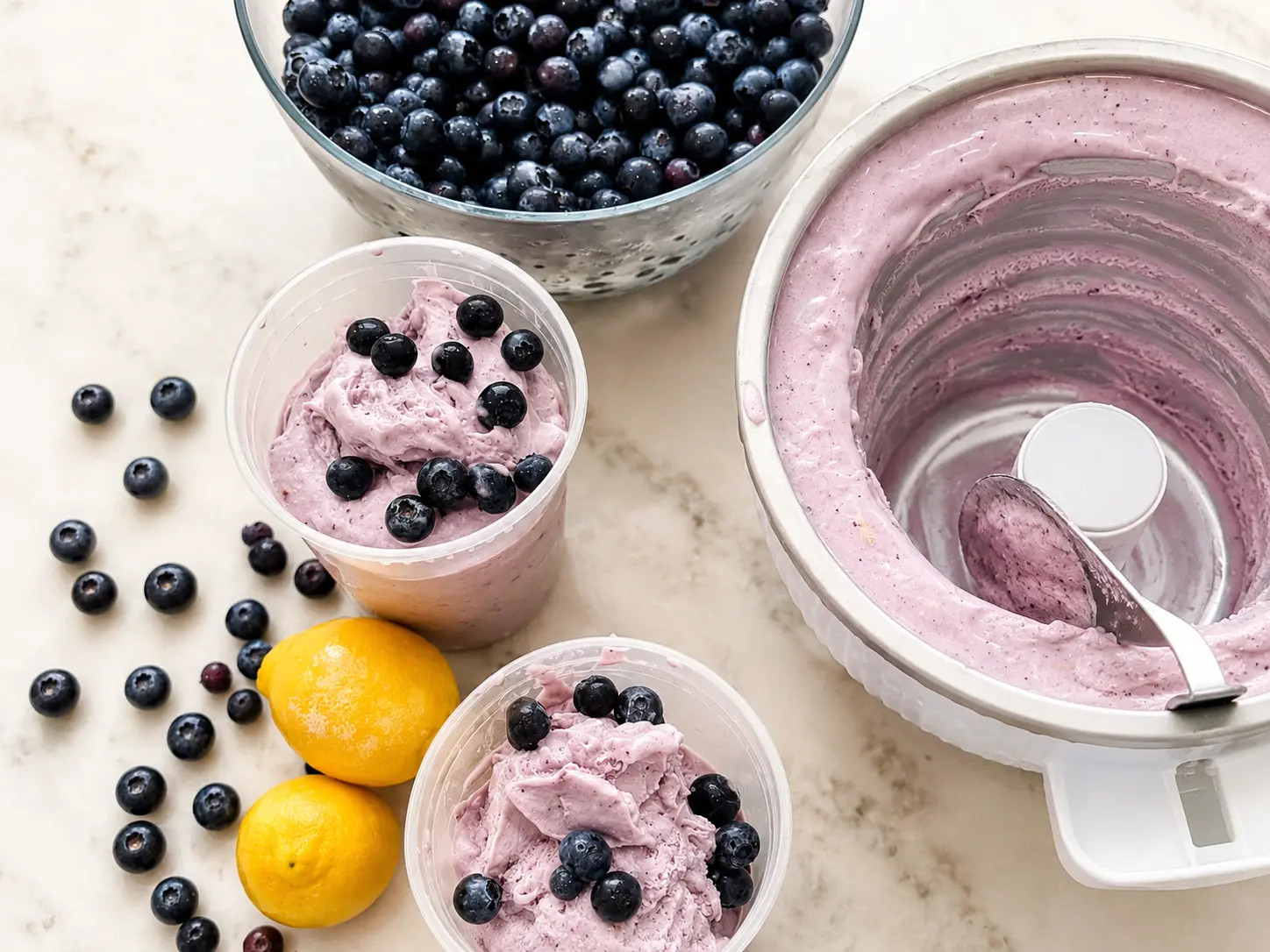 Blueberry lemon frozen yogurt made with organic dairy in the Milly Market kitchen