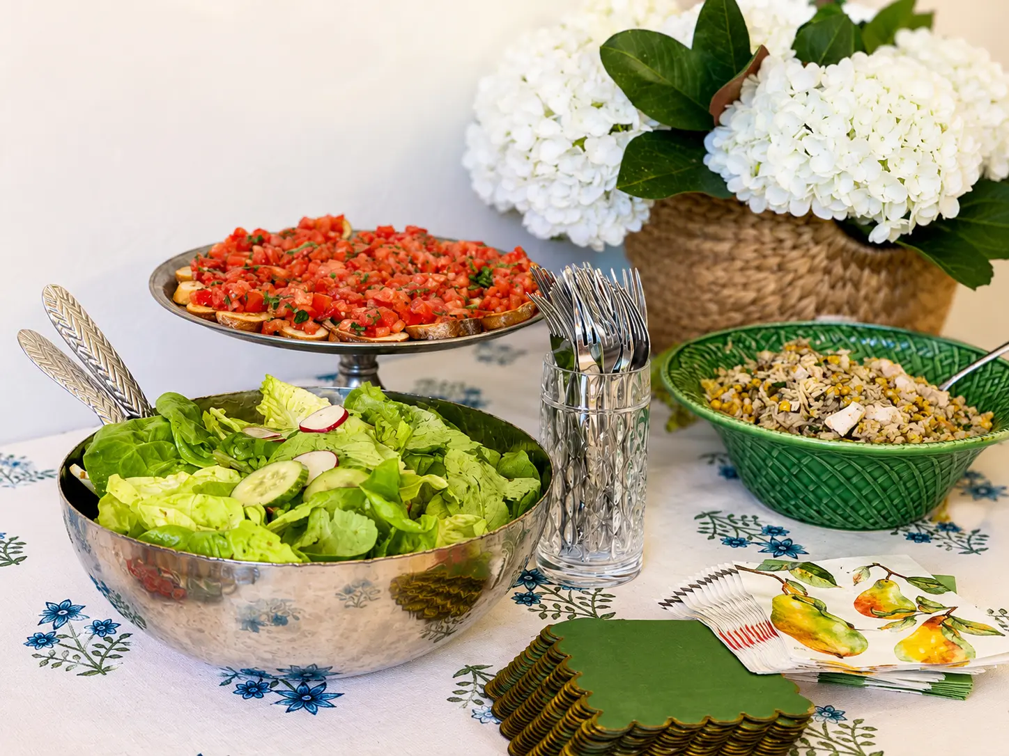 Organic buffet table set for a catered garden event in Dallas–Fort Worth