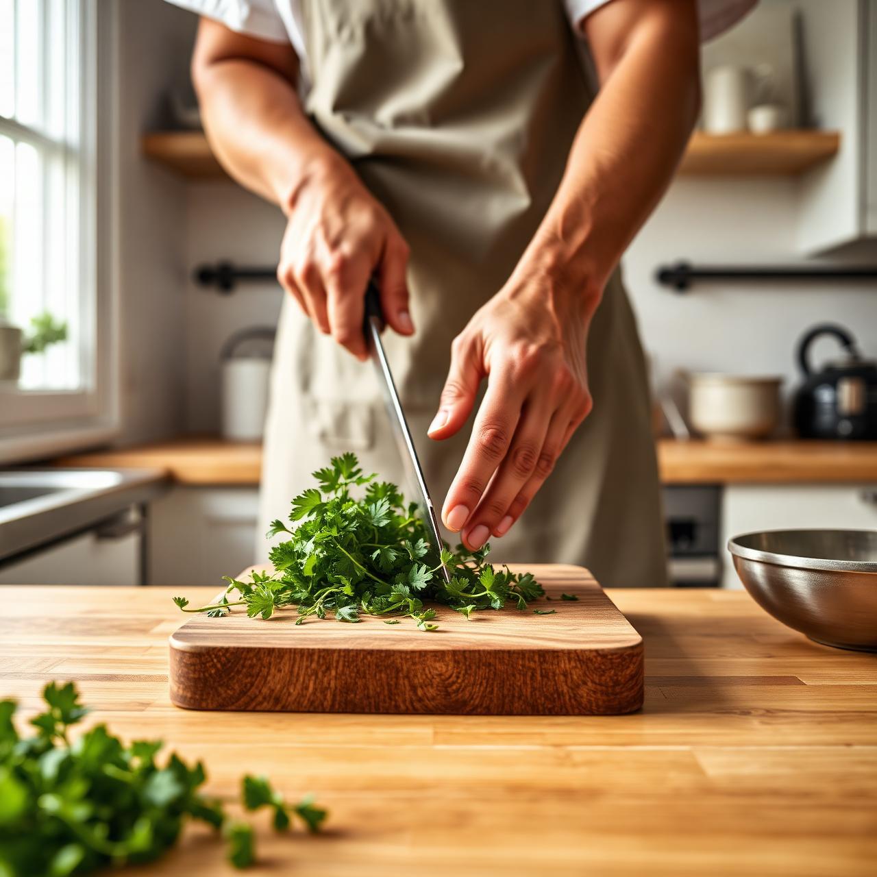 Chef hand-chopping fresh organic herbs in the Milly Market kitchen